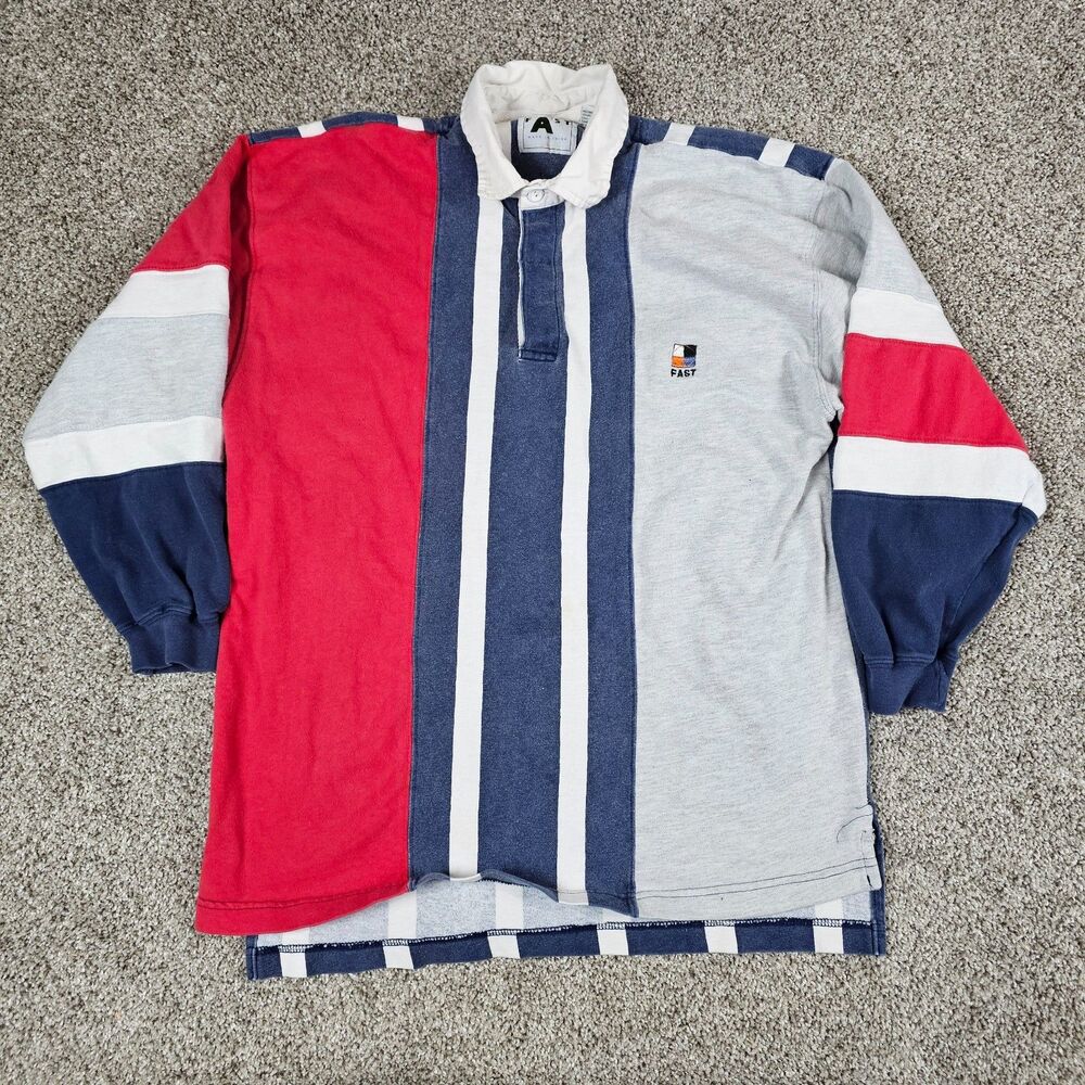 Vintage Rugby Polo Shirt Mens Large Red Blue Gray Colorblock 90s Y2K Embroidered